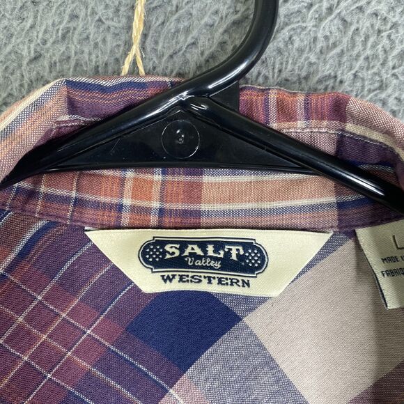 Salt Valley Western Shirt Mens Large Purple Blue Plaid Long Sleeve Pearl Snap - Picture 8 of 13